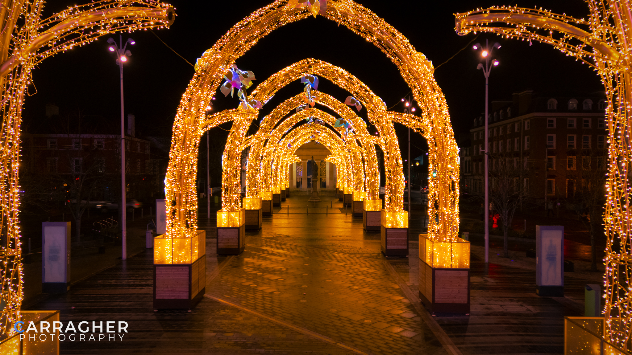 Night photograph of the illuminated Northern Lights landmark in Dundalk, County Louth, Ireland