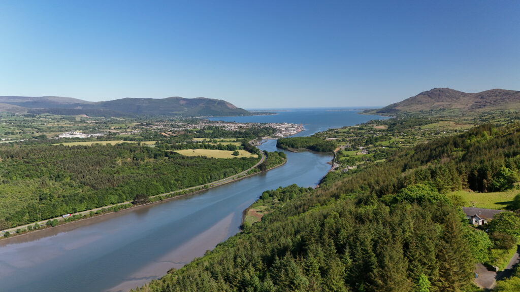 Drone photograph overlooking Carlingford Lough from Flagstaff Viewpoint on the County Louth and County Armagh border, Ireland